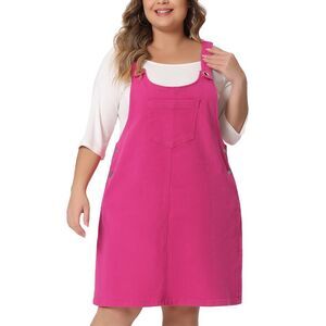 Plus Size Women's Denim Suspenders Skirt Overall Jean Overalls Dresses Hot Pink